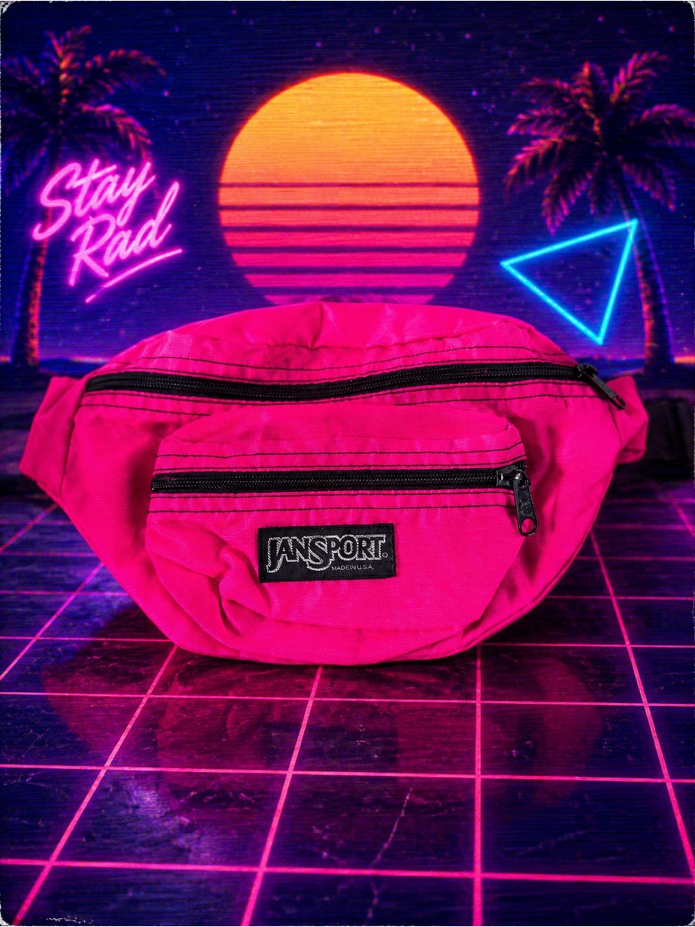 Vintage Jansport Neon Pink Double Pocket Fanny Pack Waist Zip 80s Rare Color